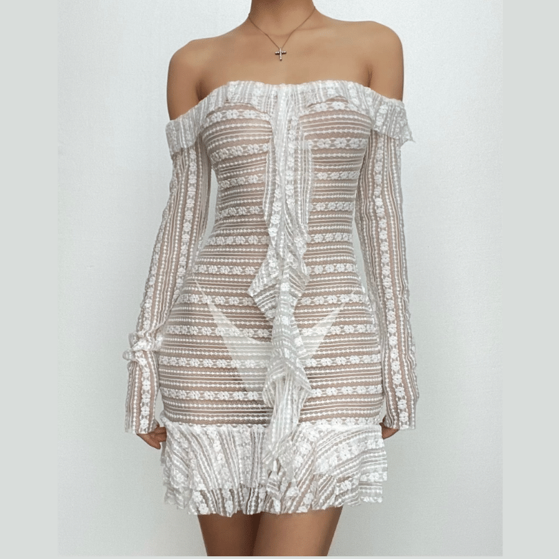 Off-Shoulder Sheer Lace Stripe Ruffle Trim Center Ruffle Long Sleeve Mini Dress