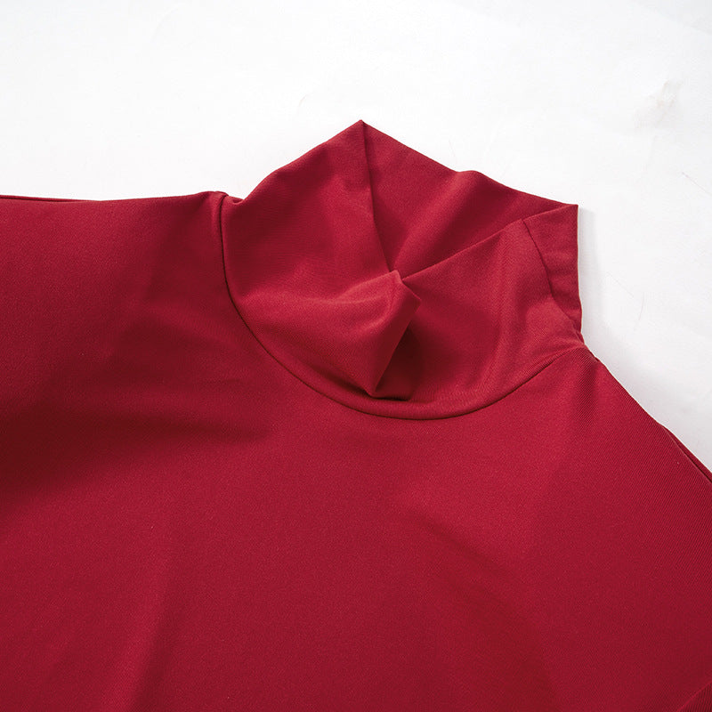 Mock Neck Long Sleeve Front Hip Knot Draped Pleated Maxi Dress 14