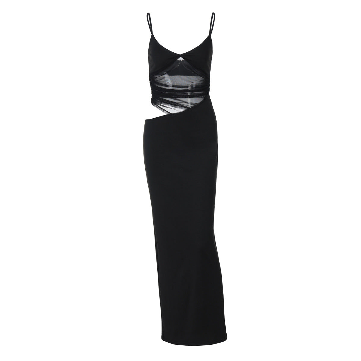 Deep V Neck Sheer Mesh Ruched Panel Sleeveless Maxi Dress 14