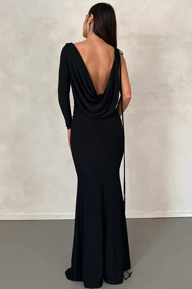 Plunging Cowl Neck Asymmetrical One Long Sleeve Tie Strap Bodycon Maxi Dress 4