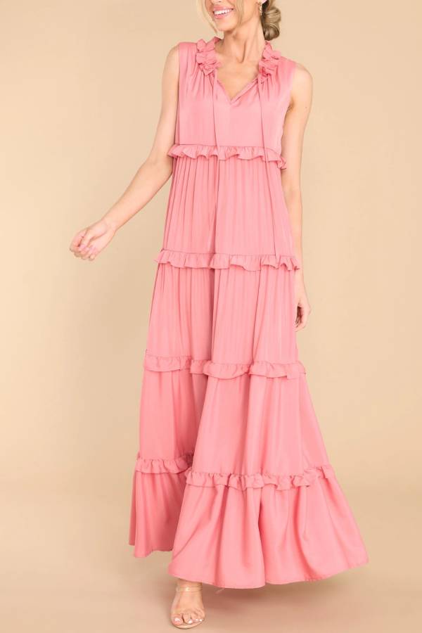 Ruffle Collar V-Neck Tie Strap Tiered Floor-Length Maxi Dress 4