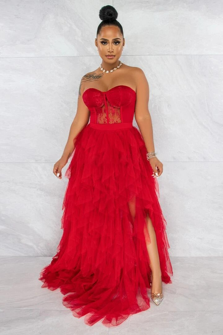 Lace Corset Sweetheart Strapless Tiered Tulle High Slit Maxi Skirt Set 5