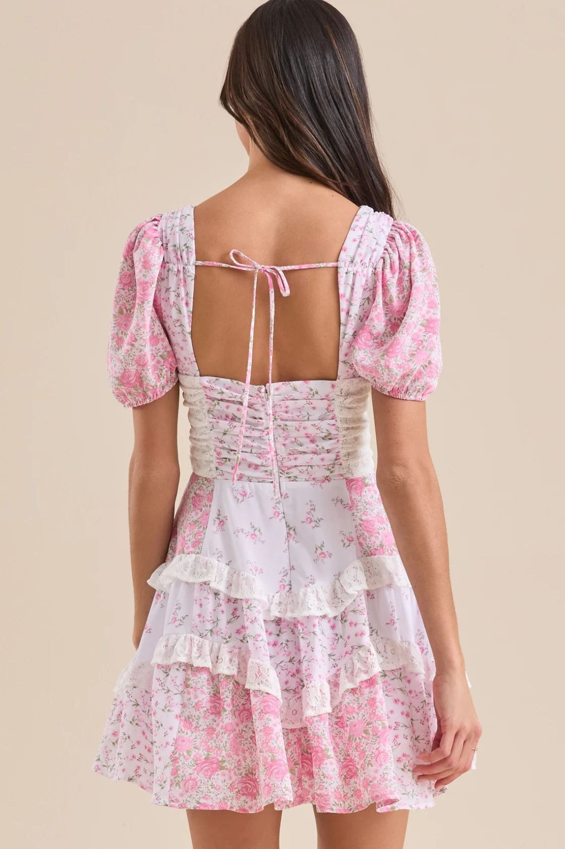 Floral Print Puff Sleeve Lace Smocked Waist Tiered Ruffle Mini Dress 10