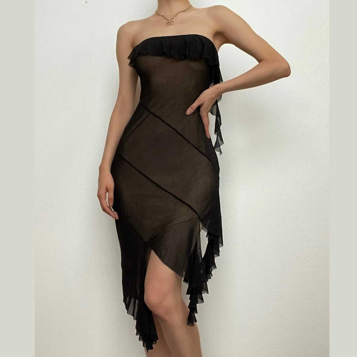Strapless Mesh Ruffle Asymmetric Backless Mini Dress
