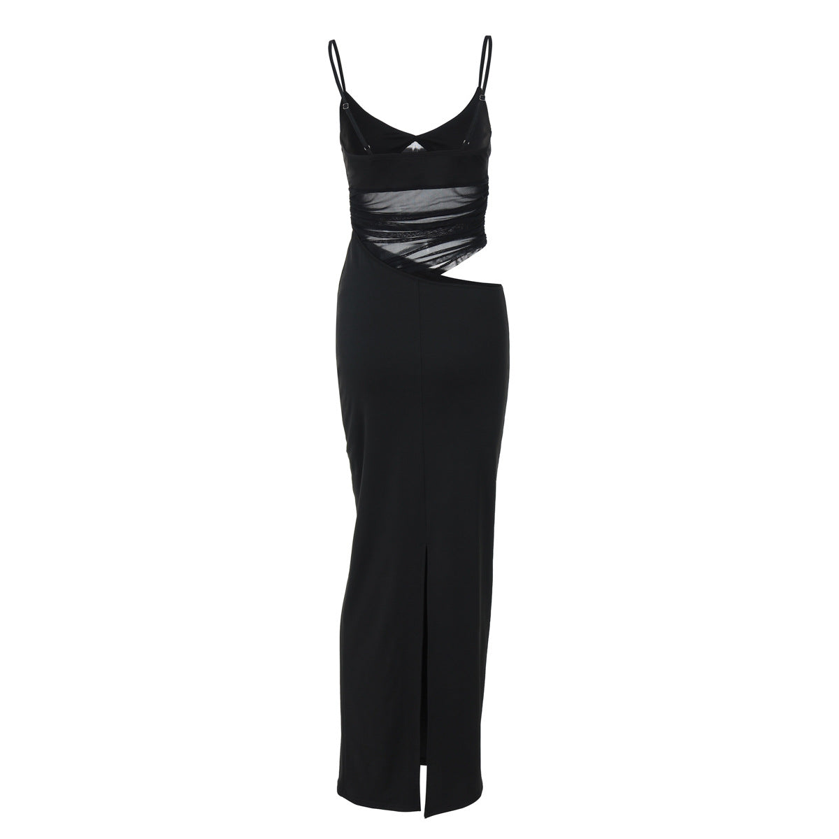 Deep V Neck Sheer Mesh Ruched Panel Sleeveless Maxi Dress 15