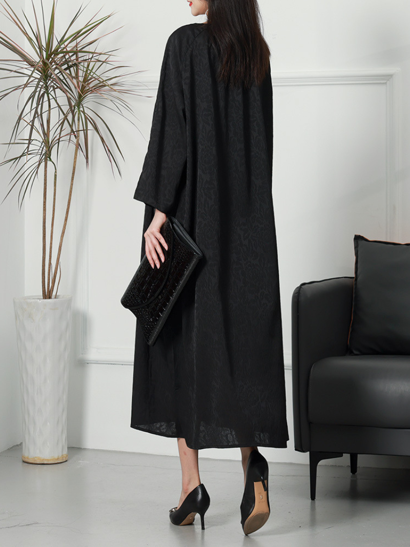 Scoop Neck Embroidered Medallion Roll Tab Sleeve Maxi Kaftan Dress 3