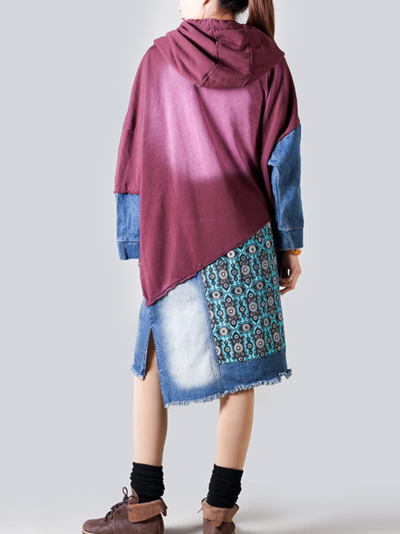 Hooded Long Sleeve Patchwork Denim Jersey Mixed Media High Low Midi Dress 8