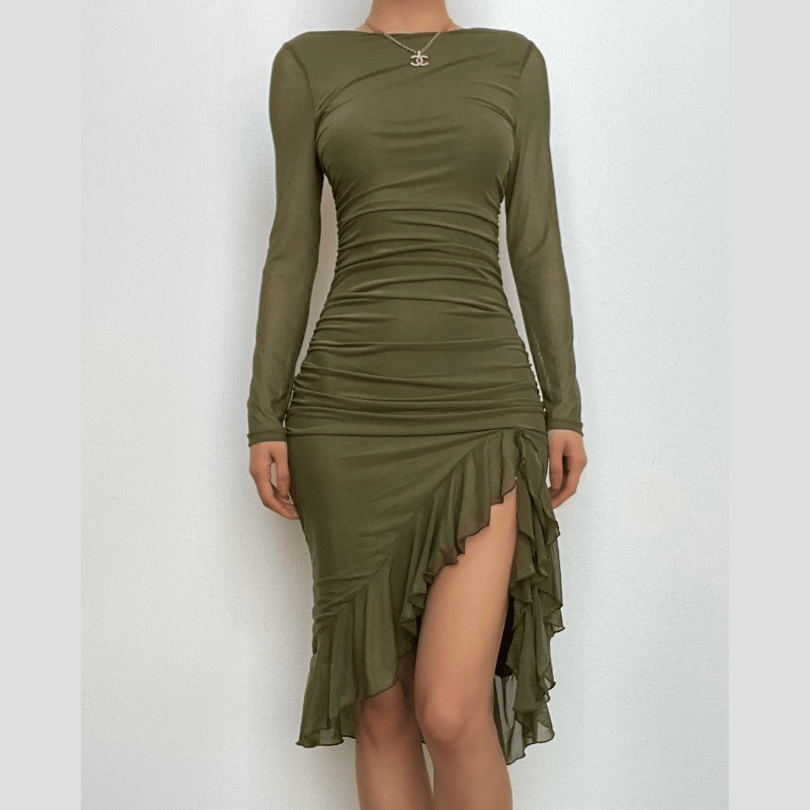 Zip Front Mesh Ruched Long Sleeve Backless Midi Dress