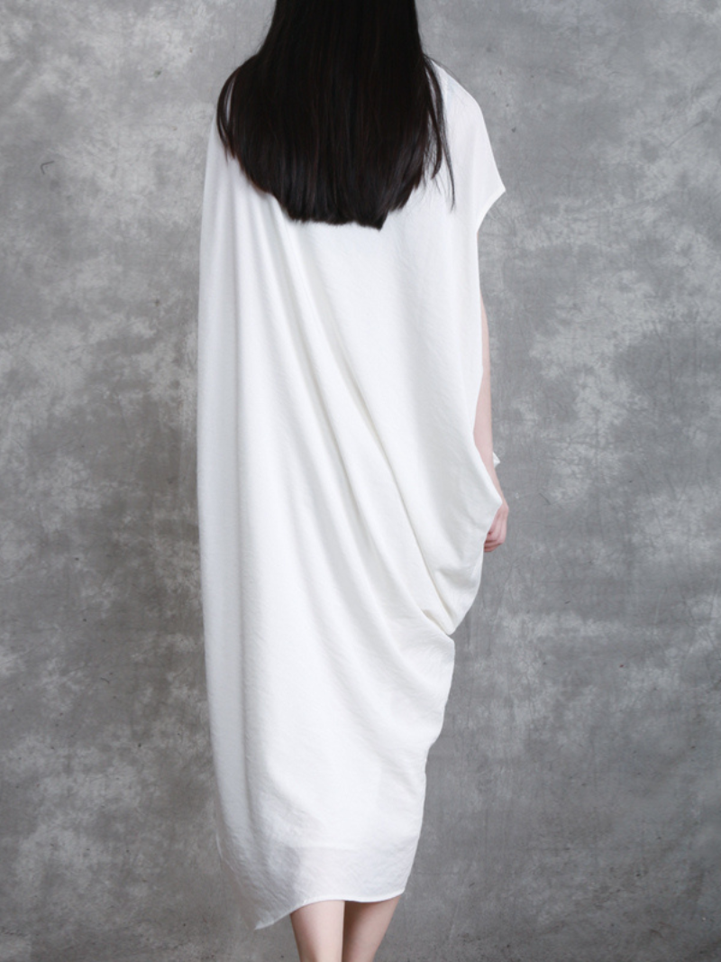 Round Neck Drop Shoulder Asymmetric Draped Loose Bat Sleeve Maxi Dress 3