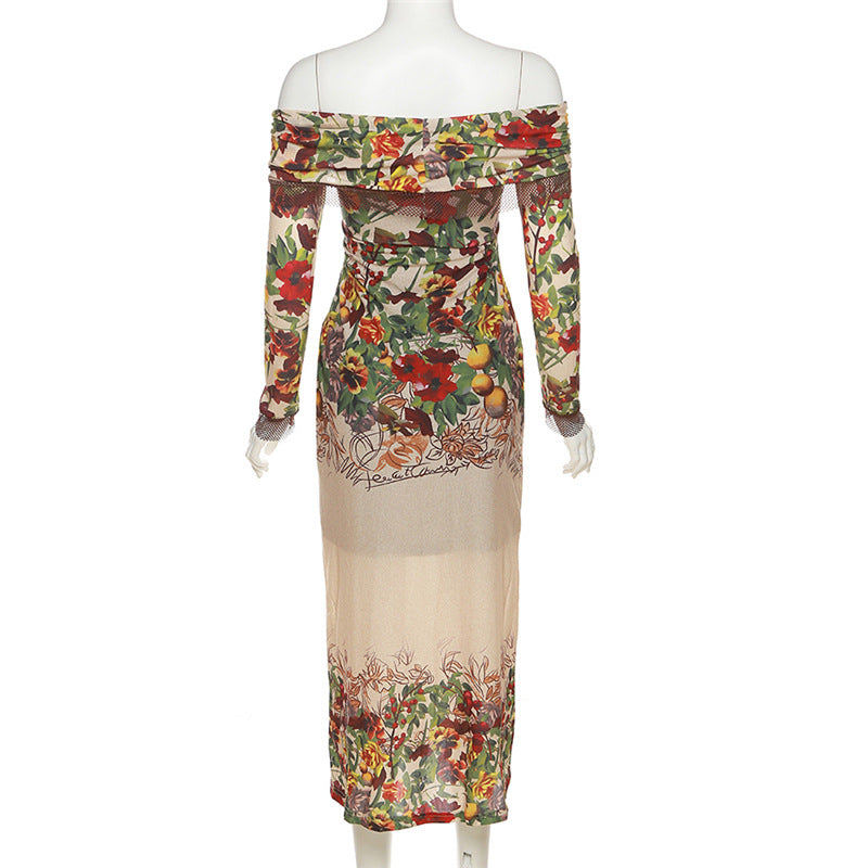 Off Shoulder Deep V Print Mesh Cuff Long Sleeve Maxi Dress 7