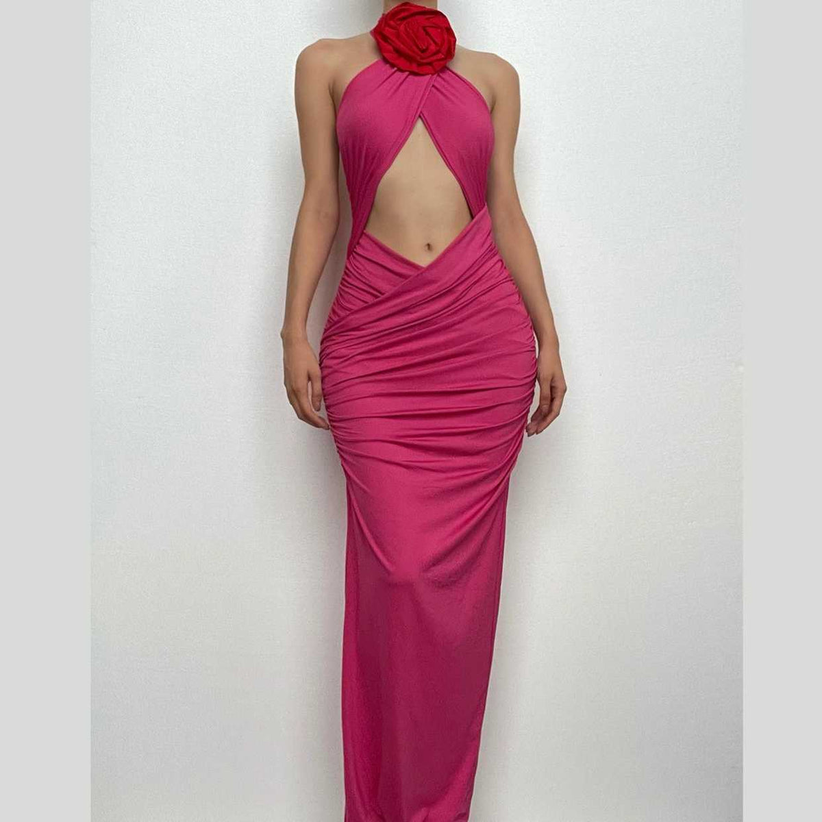 Halter Neck Flower Applique Cutout Cross Front Contrast Ruched Maxi Dress