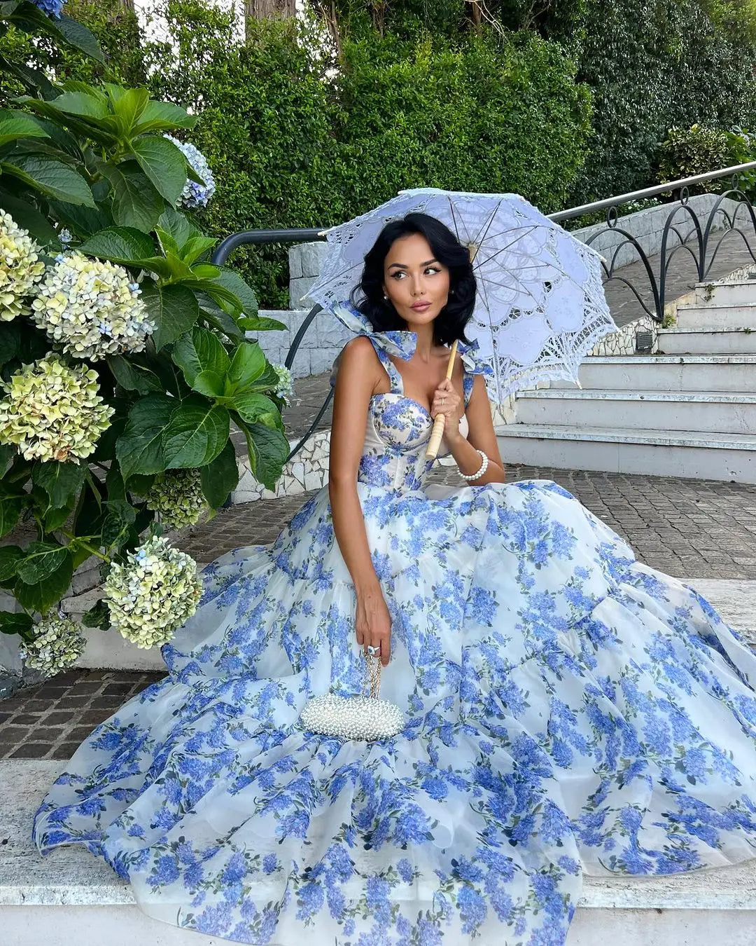 Wide Strap Ruffle Trim Corset Sweetheart Tiered Floral Maxi Dress
