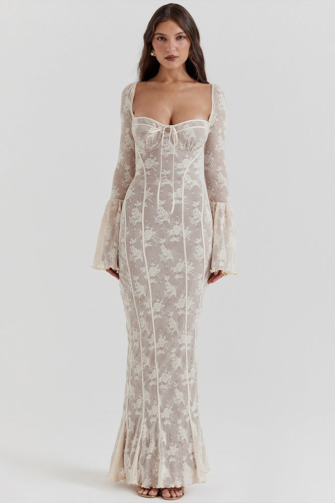 Lace Square Neck Milkmaid Tie Front Corset Seam Bell Sleeve Mermaid Maxi Dress 2