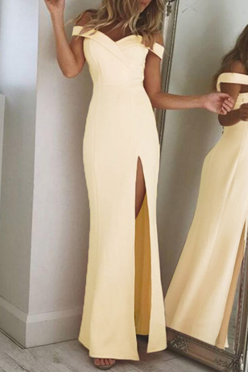 Off Shoulder Surplice Neckline High Slit Bodycon Maxi Gown 2