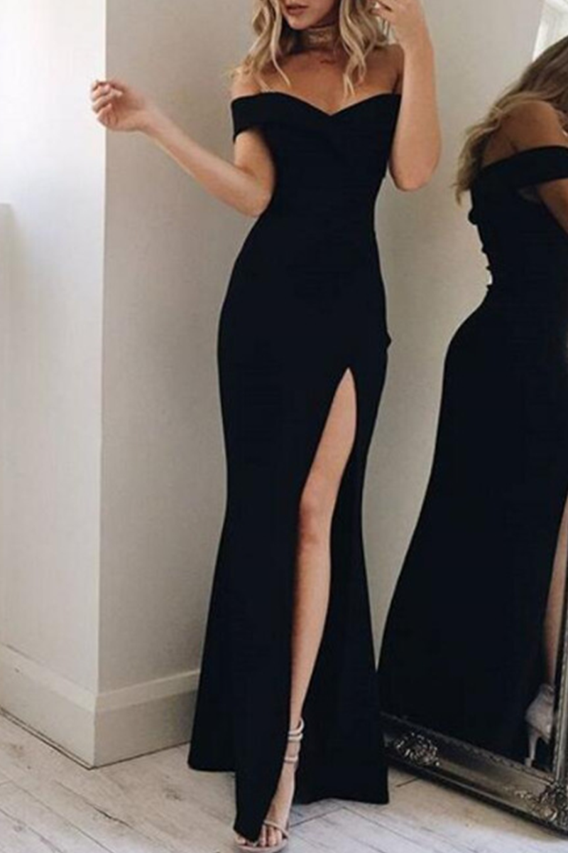 Off Shoulder Surplice Neckline High Slit Bodycon Maxi Gown 4