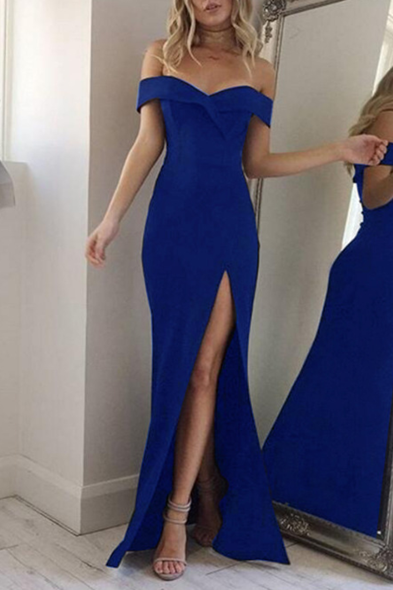 Off Shoulder Surplice Neckline High Slit Bodycon Maxi Gown 5