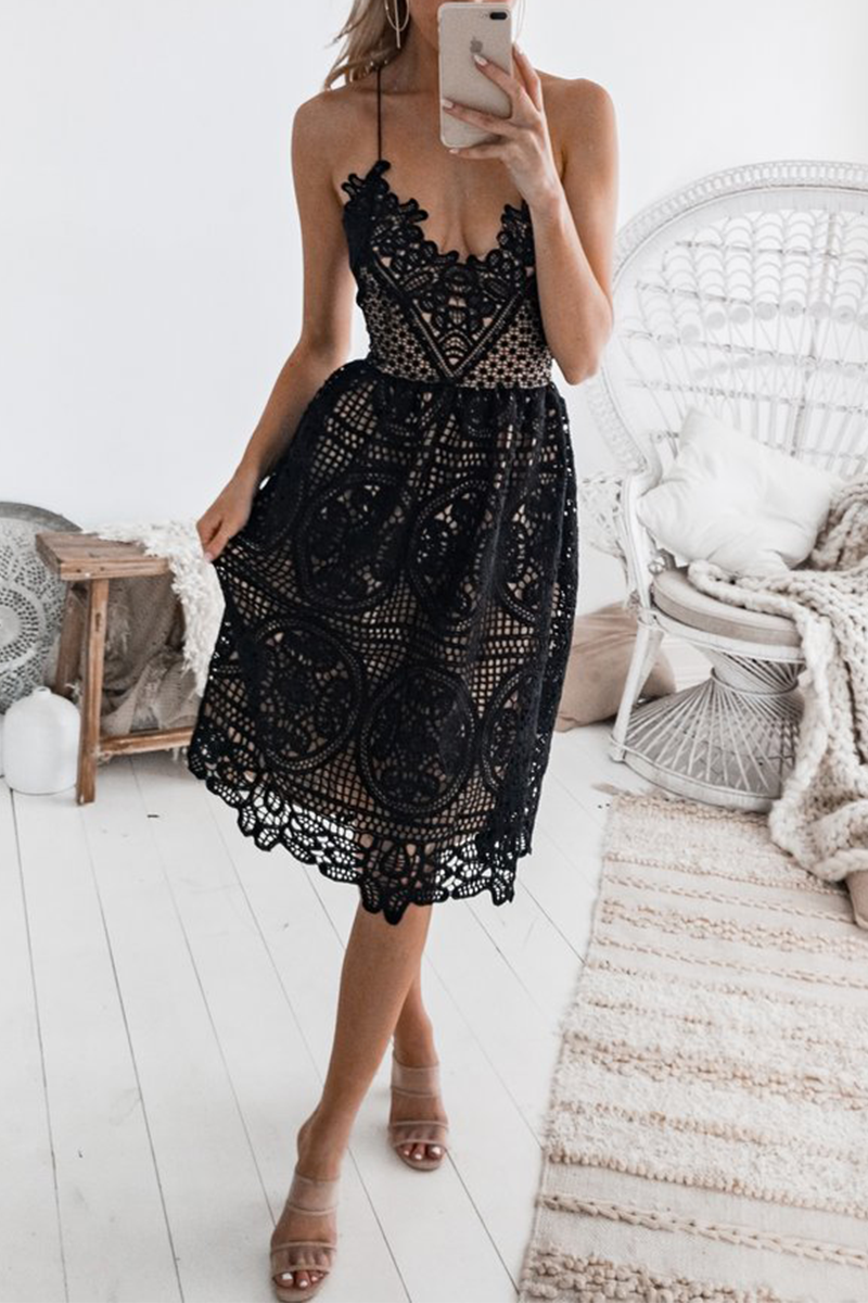 Guipure Lace Spaghetti Strap Deep V-Neck Scalloped Hem Midi Dress 5