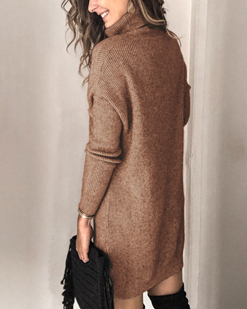 Turtleneck Rib Knit Pointelle Chevron Mini Sweater Dress 2