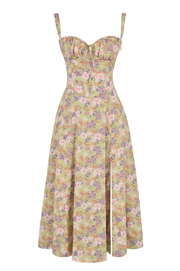 Floral Lace Up Back Spaghetti Strap Corset Fit and Flare Midi Dress 3