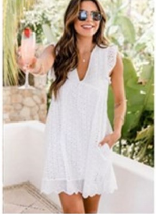 Deep V Neck Flutter Sleeve Eyelet Lace Scalloped Hem Pocket Mini Dress 3