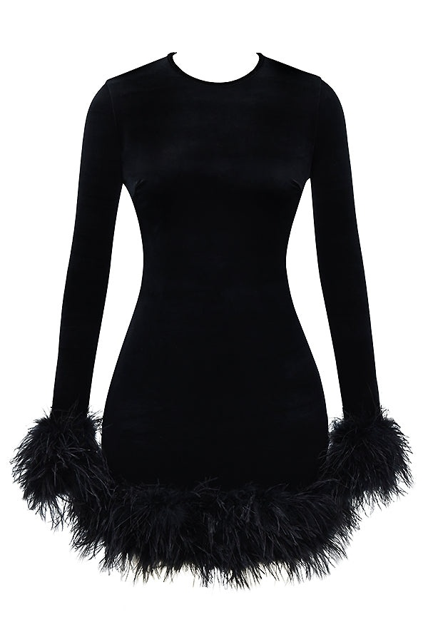 Velvet Long Sleeve Feather Trim Bodycon Mini Cocktail Dress 5