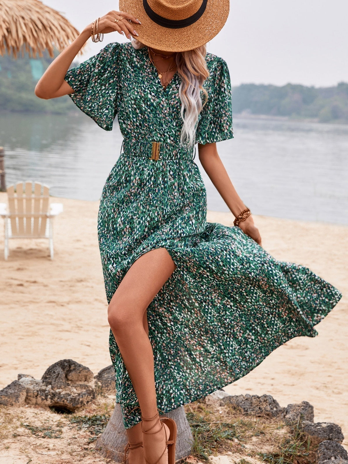 Print Wrap Flutter Sleeve Belted High Slit Maxi Dress 20