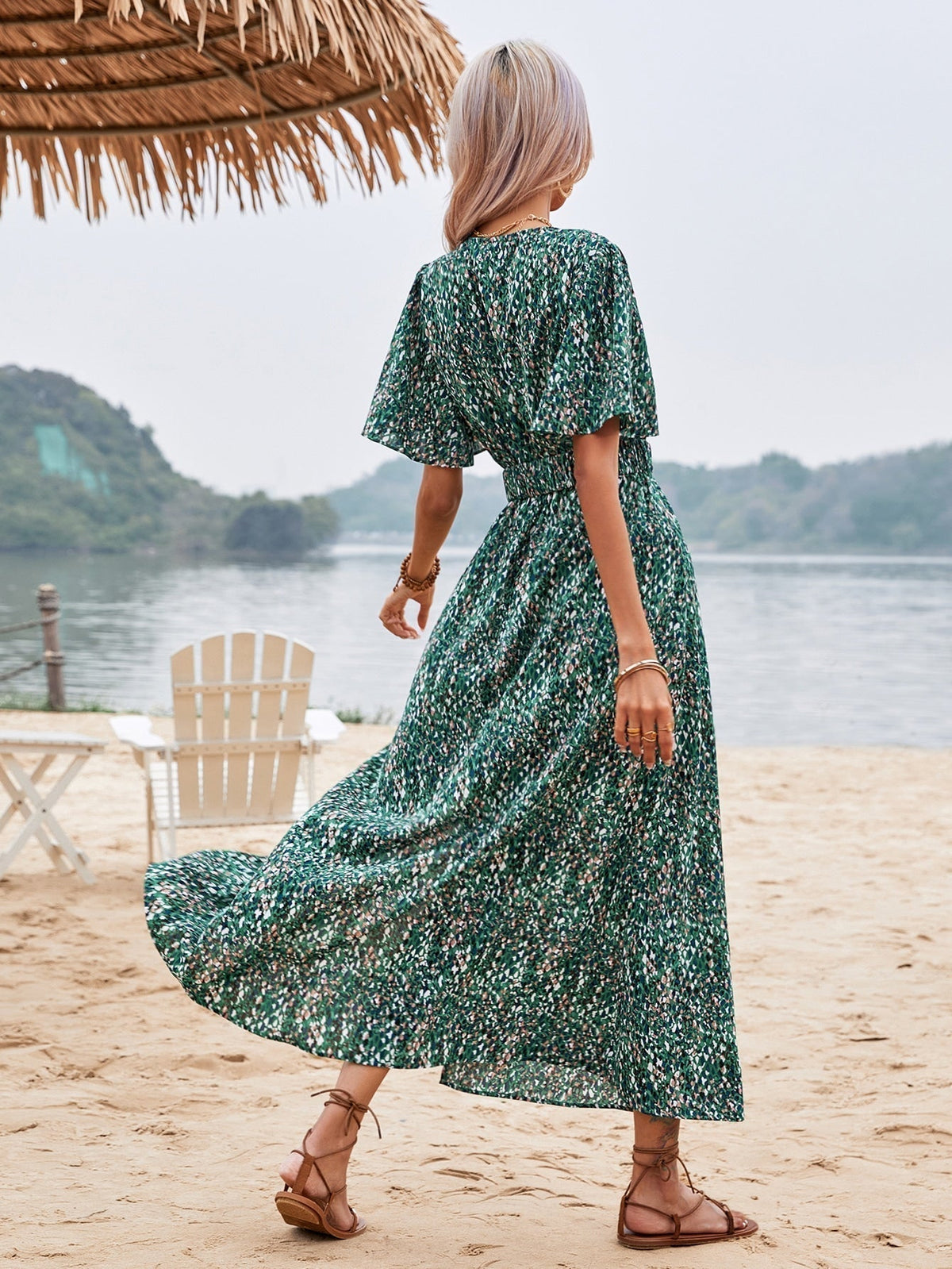Print Wrap Flutter Sleeve Belted High Slit Maxi Dress 21