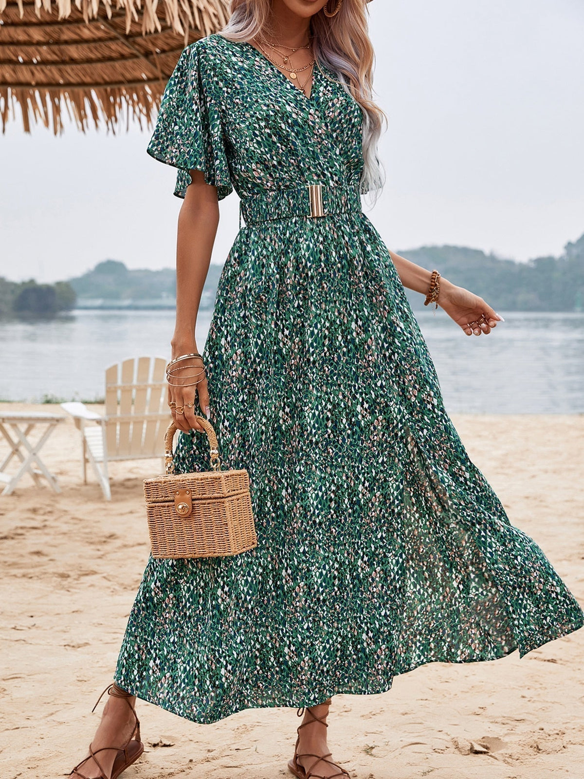 Print Wrap Flutter Sleeve Belted High Slit Maxi Dress 23
