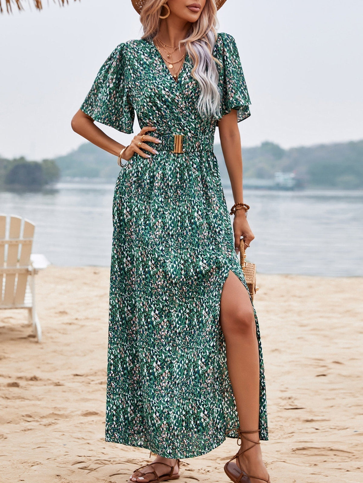 Print Wrap Flutter Sleeve Belted High Slit Maxi Dress 24