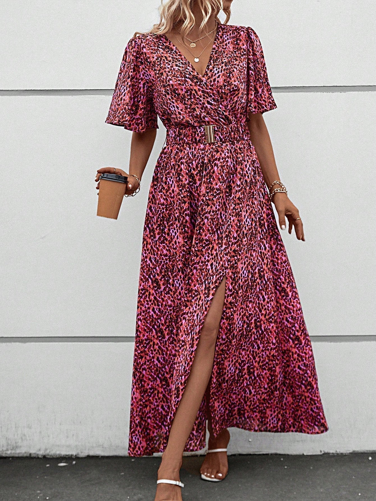 Print Wrap Flutter Sleeve Belted High Slit Maxi Dress 5