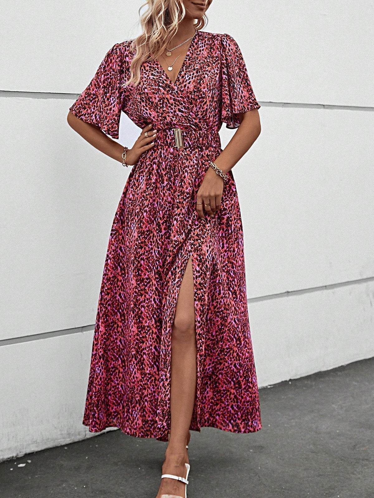 Print Wrap Flutter Sleeve Belted High Slit Maxi Dress 6