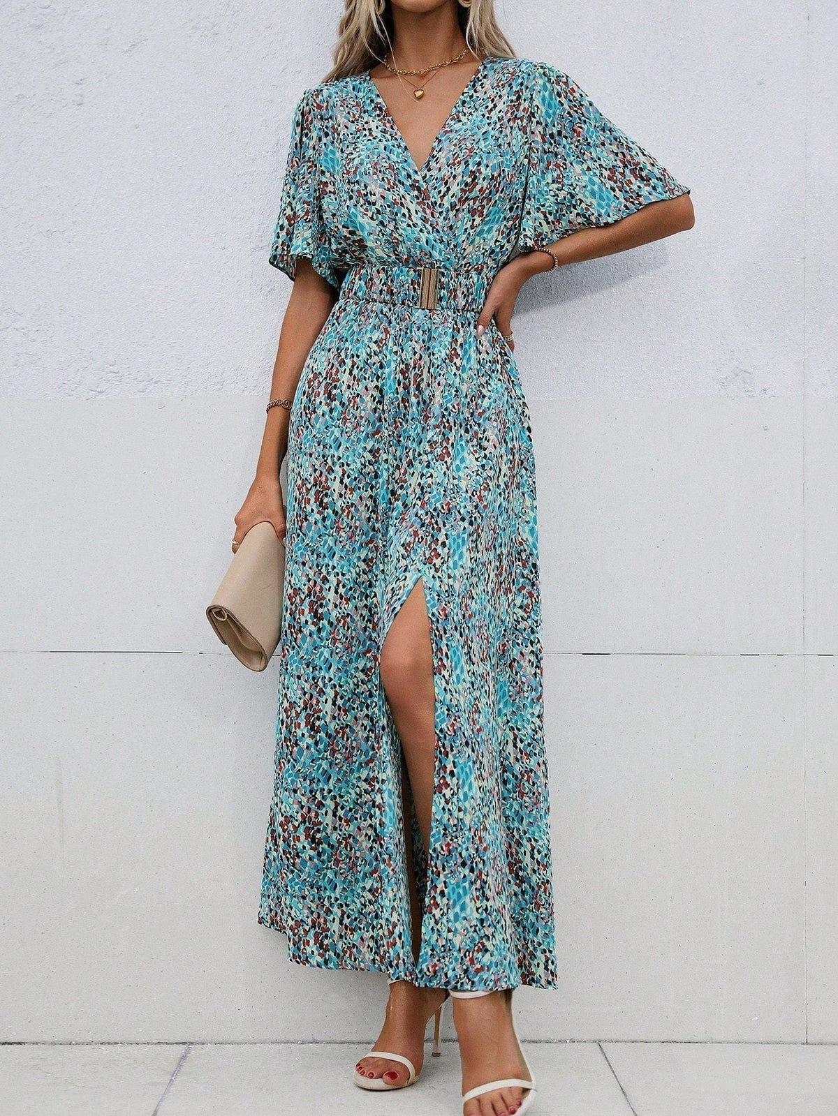 Print Wrap Flutter Sleeve Belted High Slit Maxi Dress 18