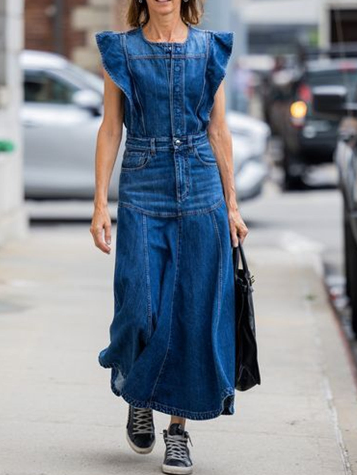 Round Neck Flutter Shoulder Paneled Seam A Line Denim Dress 2