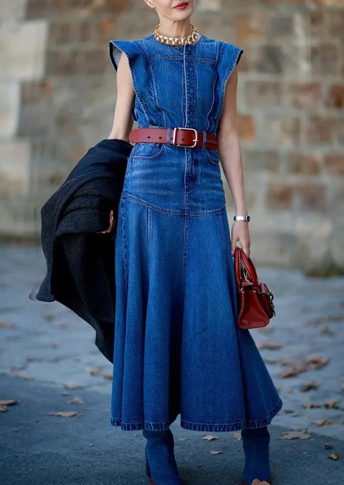 Round Neck Flutter Shoulder Paneled Seam A Line Denim Dress