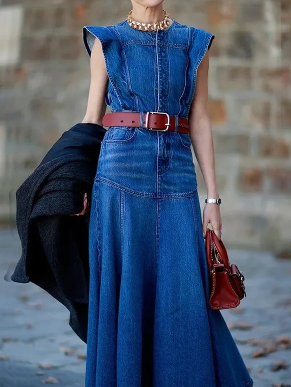 Round Neck Flutter Shoulder Paneled Seam A Line Denim Dress 4