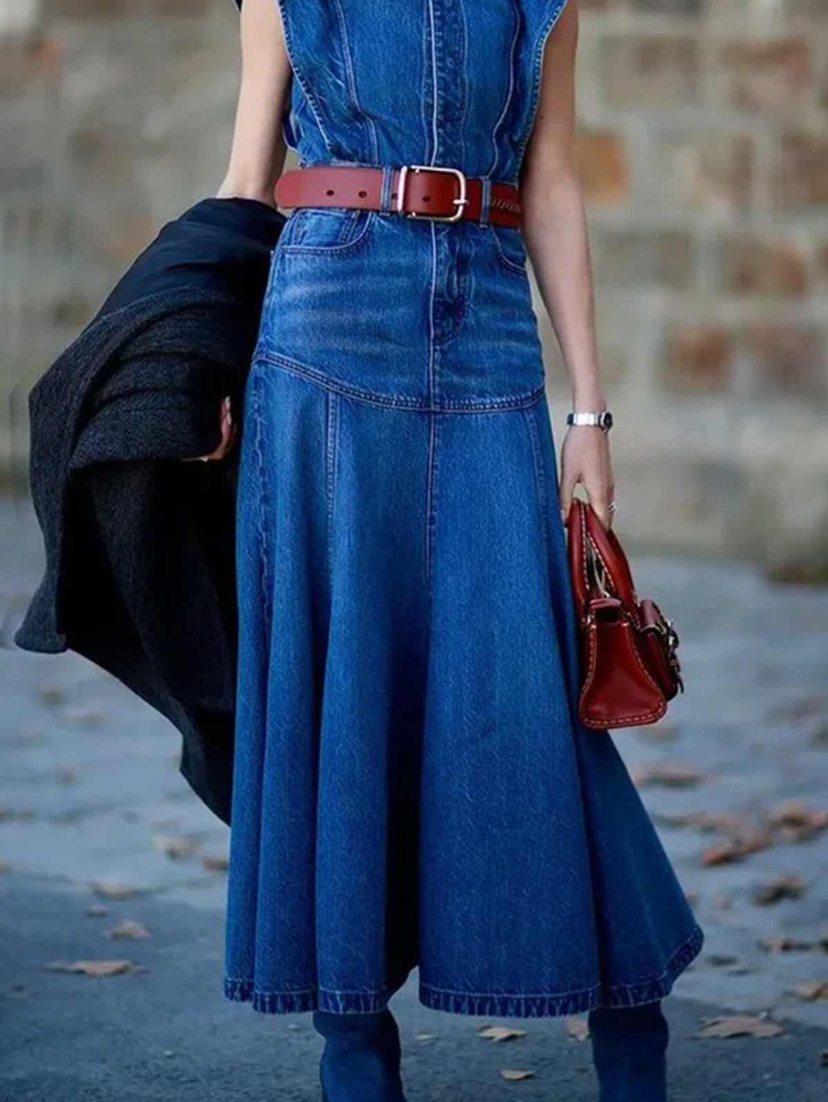 Round Neck Flutter Shoulder Paneled Seam A Line Denim Dress 5