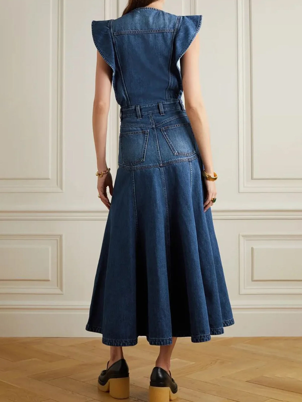 Round Neck Flutter Shoulder Paneled Seam A Line Denim Dress 3