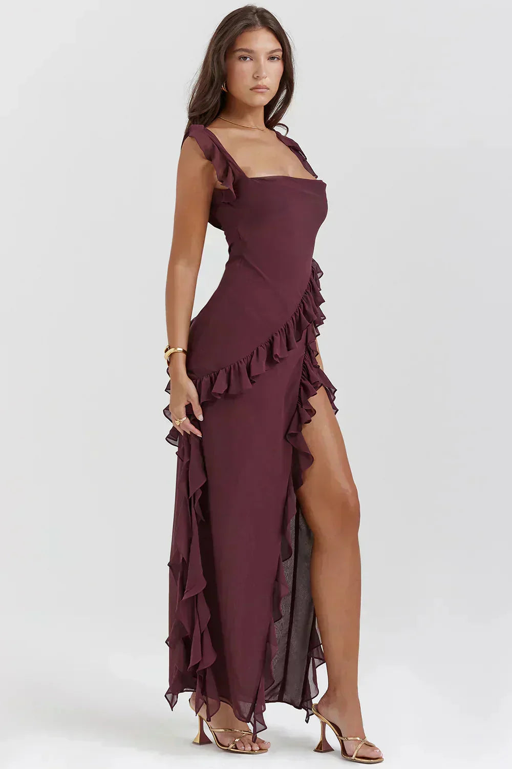 Ruffle Strap Square Neck Wrap Slit Chiffon Maxi Dress