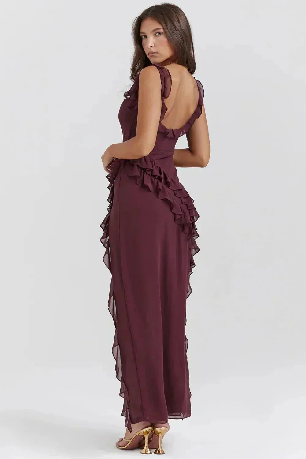 Ruffle Strap Square Neck Wrap Slit Chiffon Maxi Dress 4