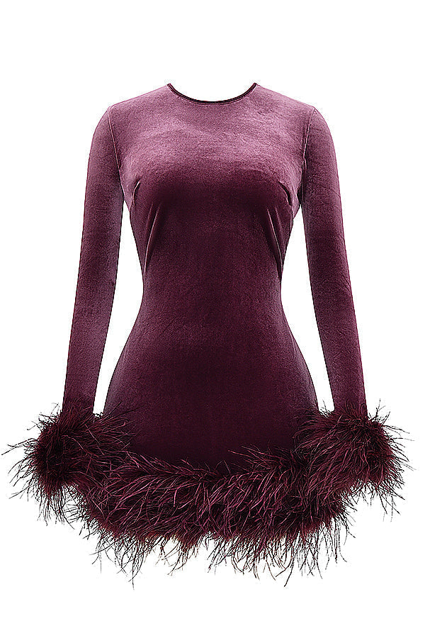 Velvet Long Sleeve Feather Trim Bodycon Mini Cocktail Dress 11
