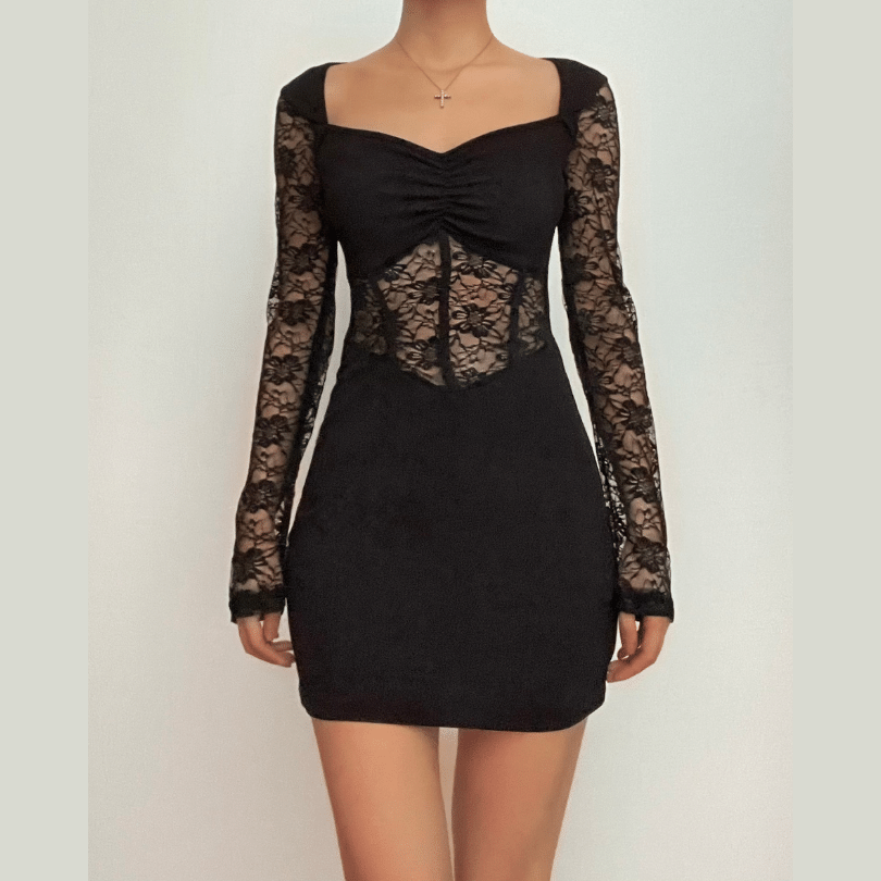 Lace Corset Panel Sweetheart Neck Long Sleeve Mini Dress