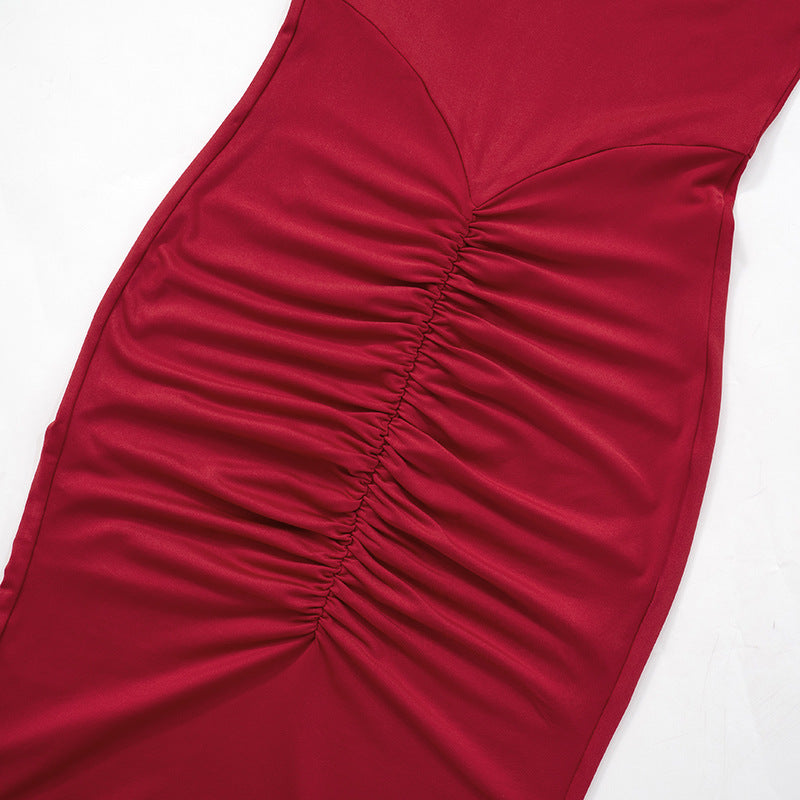 Mock Neck Long Sleeve Front Hip Knot Draped Pleated Maxi Dress 16