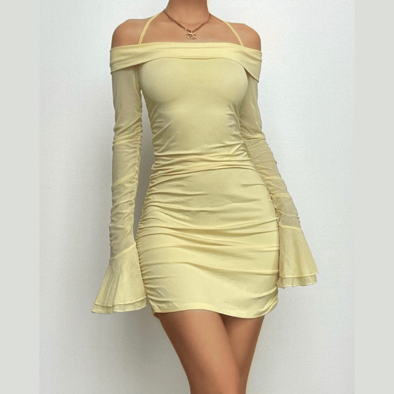 Off Shoulder Halter Mesh Ruched Long Flared Sleeve Mini Dress