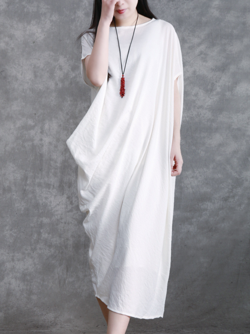 Round Neck Drop Shoulder Asymmetric Draped Loose Bat Sleeve Maxi Dress 4