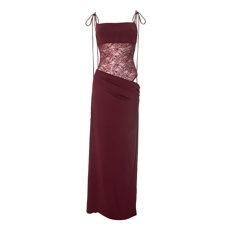 Spaghetti Strap Square Neck Lace Waist Panel Bodycon Maxi Dress 15