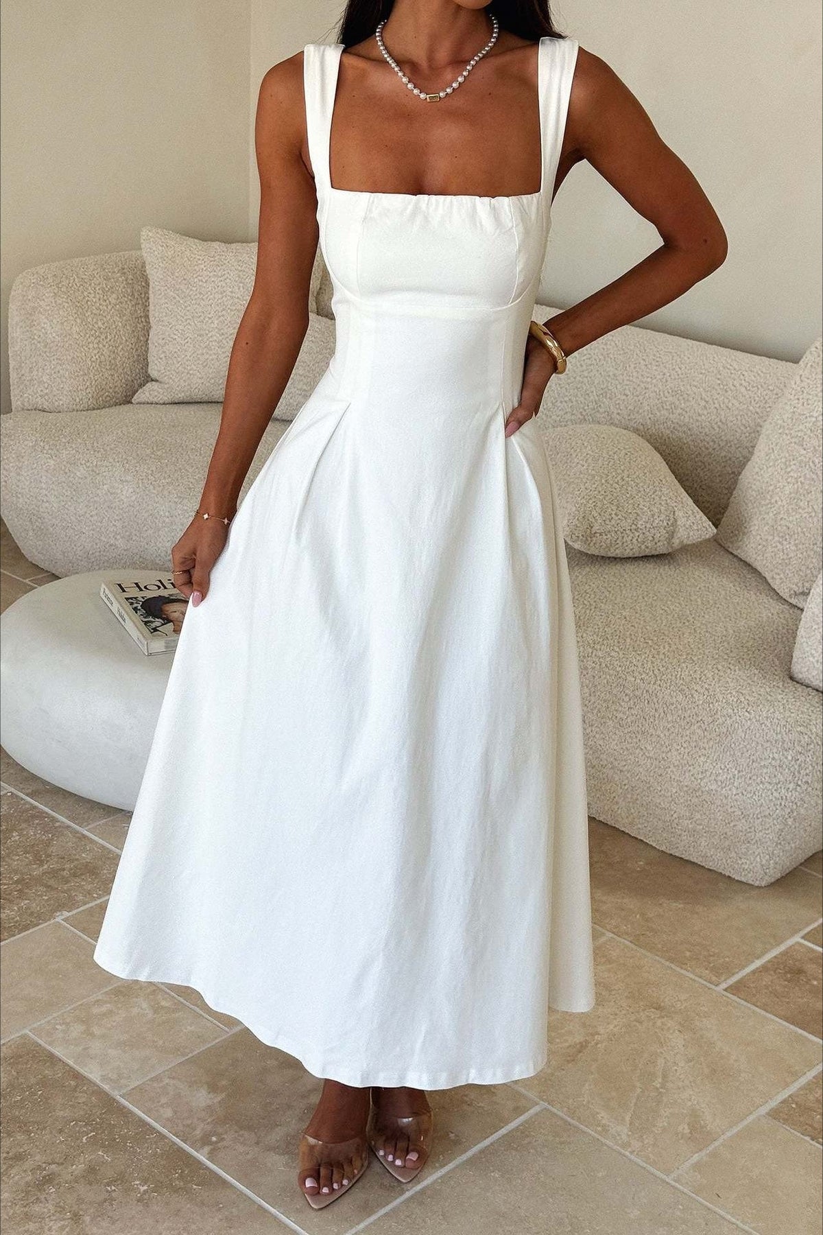 Square Neck Gathered Bust Wide Strap Pleated Pocket Midi Dress