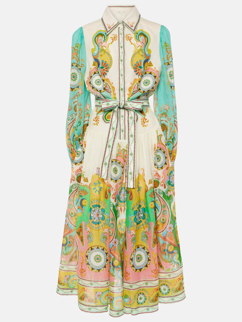 Ornamental Print Puff Sleeve Tie Waist Button Down Shirt Midi Dress 4