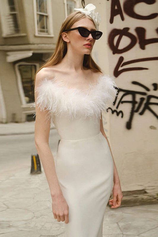 Feather Trim Strapless Bodycon Midi Dress