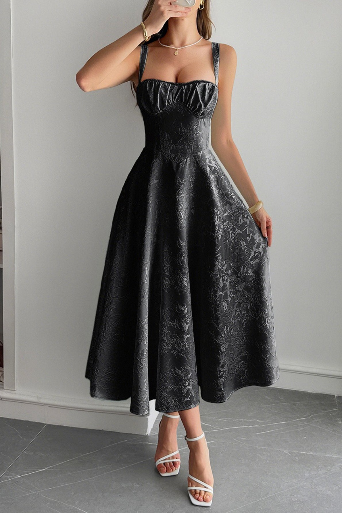 Jacquard Floral Bustier Lace Trim Pointed Waist Fit and Flare Midi Dress 5