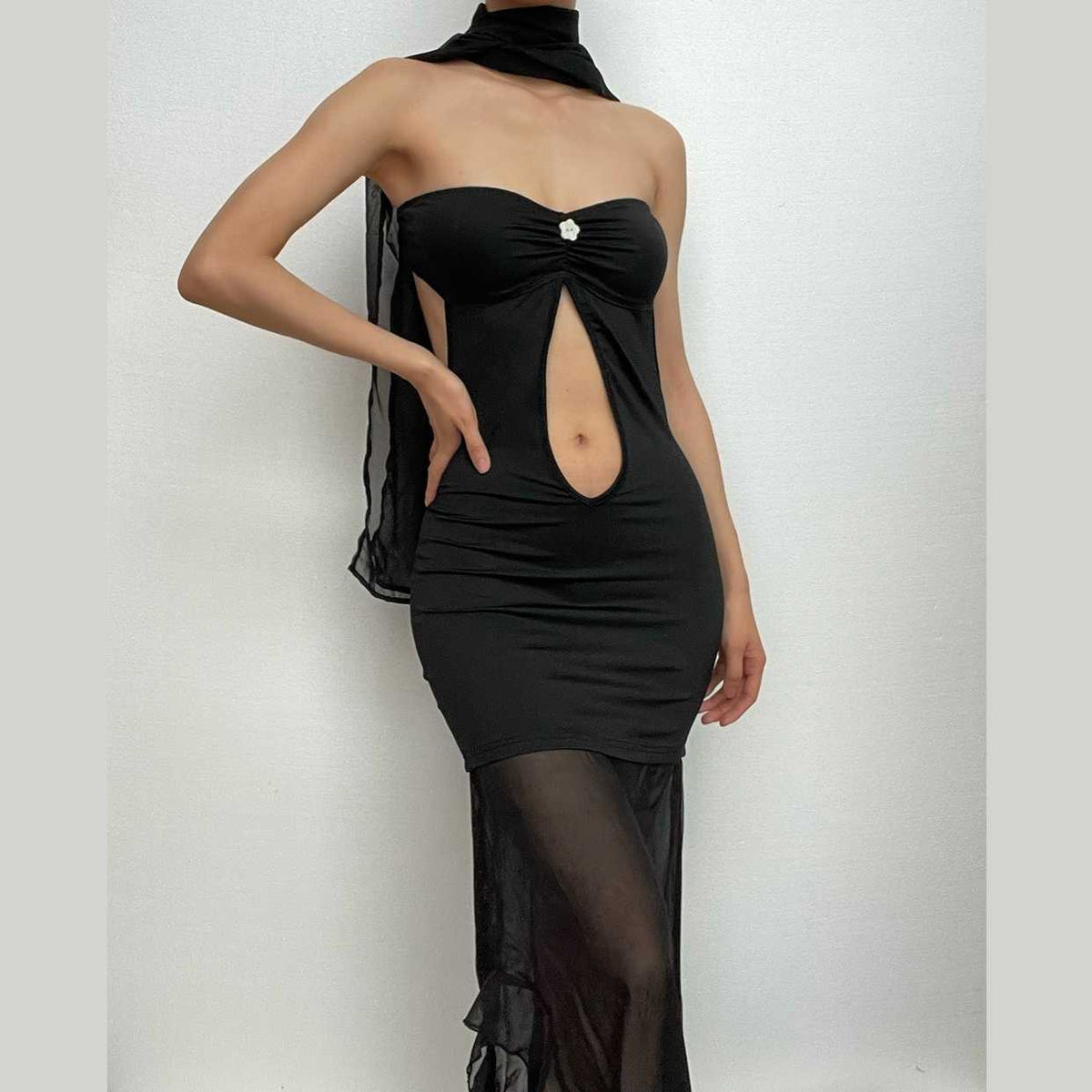 Strapless Mesh Ruffle Ribbon Ruched Midi Dress